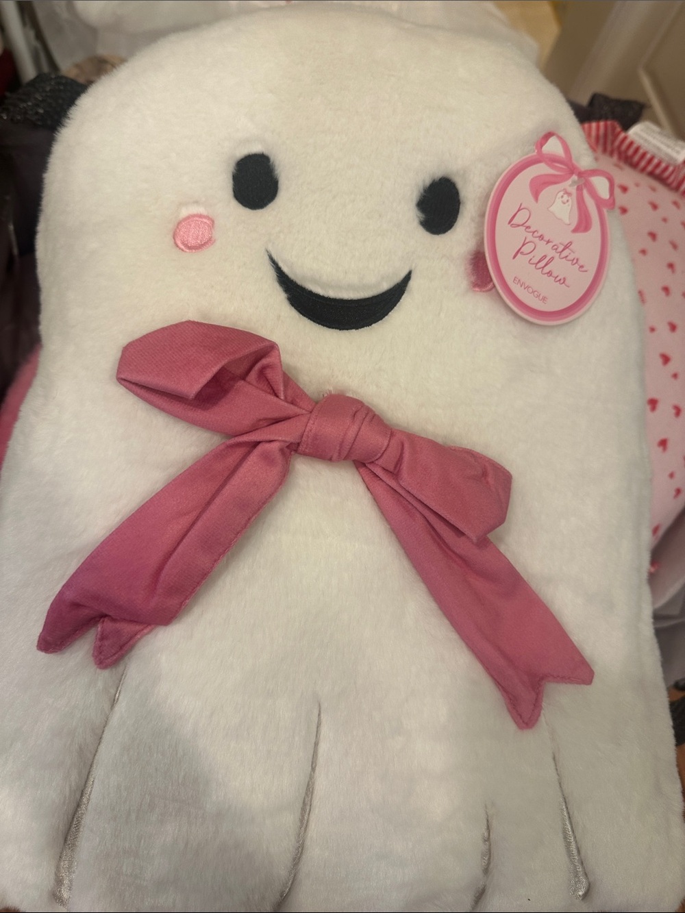 Plush Ghost Decorative Pillow - White with Pink Bow
